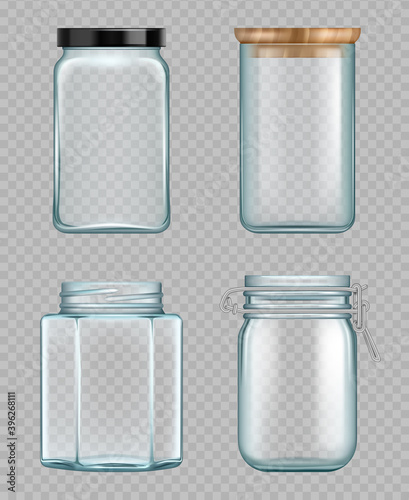 Transparent jar. Empty glass bottles liquid food containers vector realistic mockup. Bottle transparent container, empty mockup jar illustration