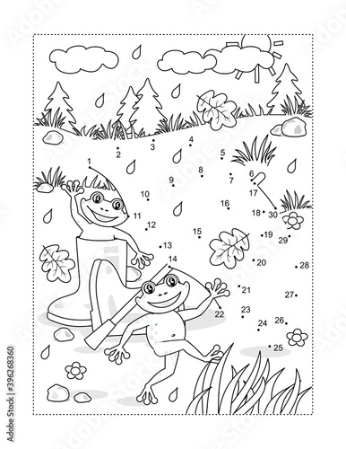 Umbrella and happy playful frogs connect the dots puzzle and coloring page. Full page activity sheet for kids. Learning or reinforcing math basics of numbers and order.
