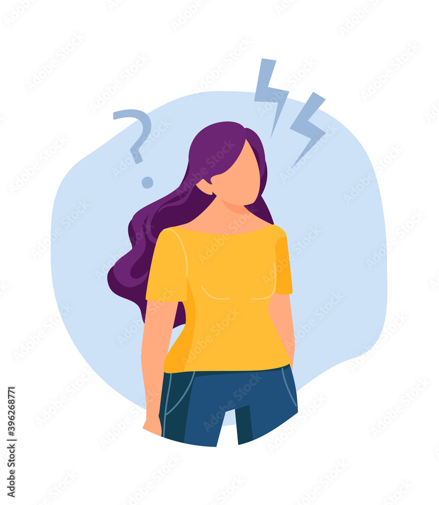 Girl thought. Finding solution problem, new ideas. Creative thinking process, mind research metaphor. Woman has question vector illustration. Girl solution and decision, question thinking