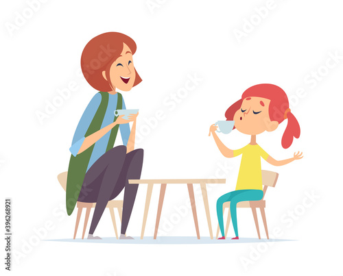Tea party game. Woman and girl playing in cafe or restaurant. Baby with nanny or mother vector illustration. Play tea with toyable table, leisure with daughter