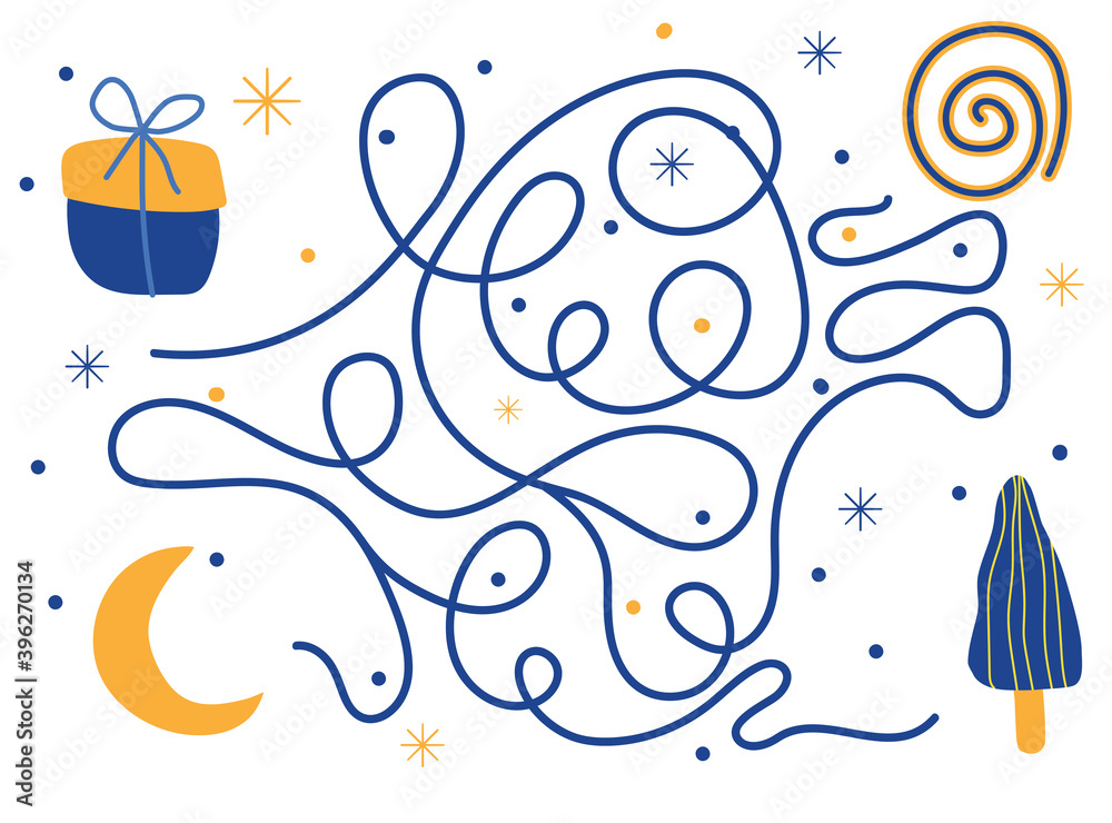 Christmas maze. Help the Christmas trappings find each other. Gift, tree, curl. Christmas maze. Help the Christmas trappings find each other. Gift, tree, curl.