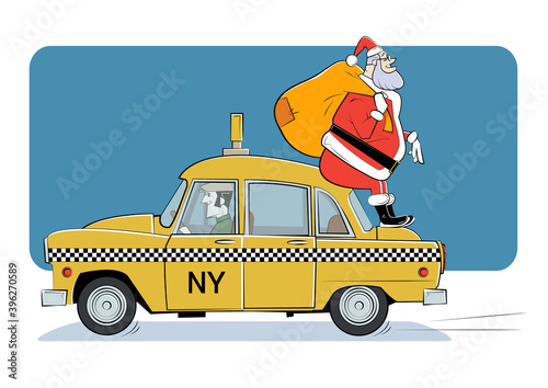 Cartoon Santa Claus rides a taxi with a bag of gifts.