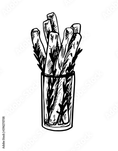 Traditional italian bread Grissini. Takeout cafe dish. Cute flat style. Vector bread sticks illustration without salt or sesame snacks. Food ingredients, crispy product appetizer dish