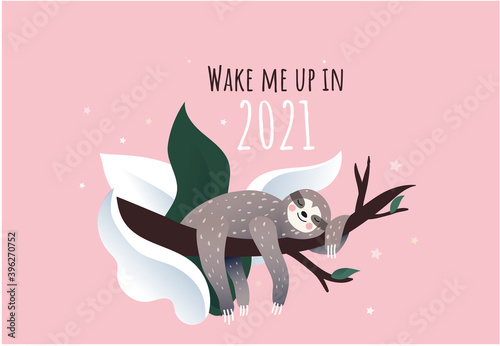 Winter, Christmas or New Year time. Cute lazy sloth sleeping on a branch of the tree under the snow. Cartoon style, vector illustration. Winter time quote lettering.