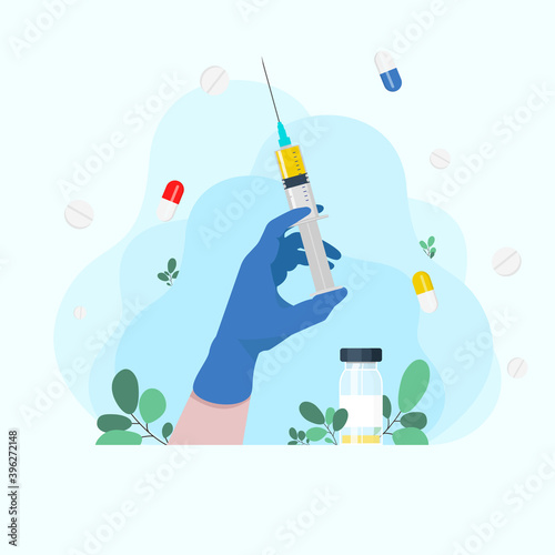Injections. Syringe in doctor hand. Ambulance doctor. Syringe in handFlu shot vaccination. Injection syringe. hand holds a syringe. Medicine healthcare concept. Medical background