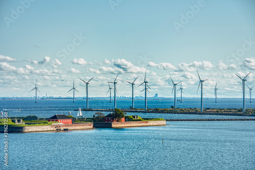 Photography Scandinavian Danish offshore wind farm or wind power station for green, eco friendly energy production