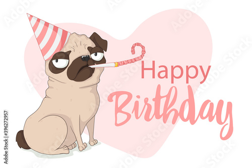 Cute grumpy pug dog with birthday cap and holiday whistle. Vector hand drawn illustration in cartoons style with slogan. Isolated on white background. Best for print, textile or web design.