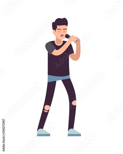 Musician. Vocalists musical performance, artist standing in casual clothes with microphone and sings song, karaoke or rock concert, entertainment concept vector cartoon isolated illustration