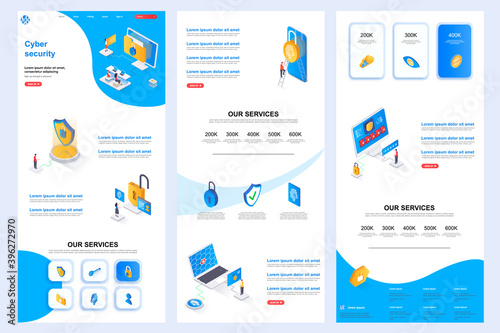 Cyber security isometric landing page. Information security, data protection software corporate website design template. Web banner with header, middle content, footer. Isometry vector illustration.