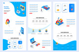 DevOps company isometric landing page. Engineering and automation system corporate website design template. Web banner template with header, middle content and footer. Isometry vector illustration.