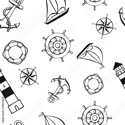 Seamless pattern with different animals and marine objects. Sea or ocean underwater life background. Concept elements. Vector illustration in hand drawn style