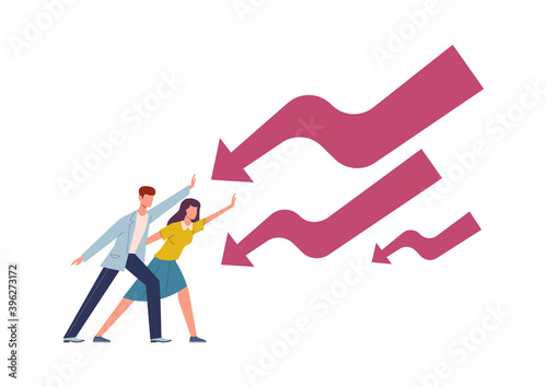 Man and woman stopping falling arrow. Male and female character financial problems, stop economic crisis, bankruptcy and startup collapse, money problems vector finance decrease concept