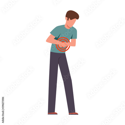 Man suffering from abdominal pain. Male young character bending over and holding his belly, painkillers advertisement, stomach disease, ulcers and gastritis vector illustration