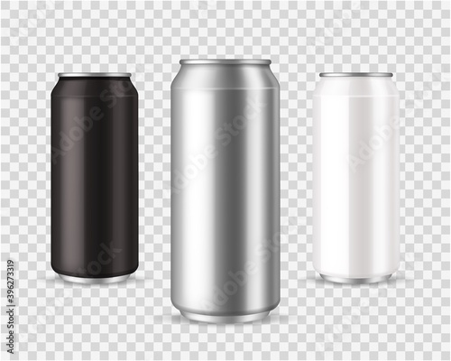 Metallic cans. Realistic black, silver and white tin mockup, front view marketing branding template, empty beverage container for cold drinks vector realistic aluminum can isolated set