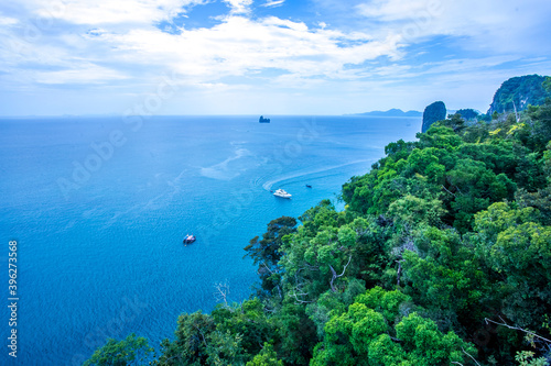  Ko Hong island touristic tropical destination near Krabi, Thailand. Panorama of beautiful archipelago in turquoise water