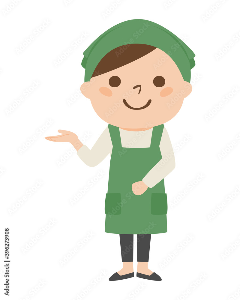 エプロンをつけた女性。手で案内してる女性のイラスト。 エプロンをつけた女性。手で案内してる女性のイラスト。