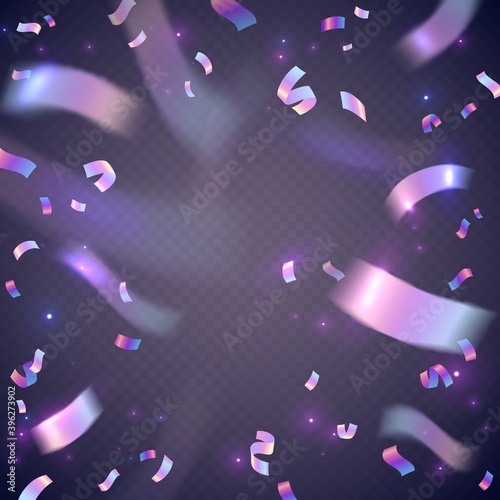 Holographic confetti. Festive neon sparkles, party carnival decor, metal foil particles explosion, rainbow iridescence effect. Decoration poster vector background in purple colors