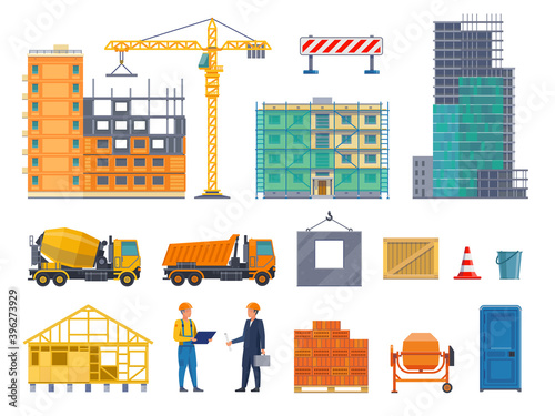Construction process. Building site elements, machinery and workers, unfinished skyscraper, house frame and panels. Machinery and equipment crane concrete and mixer vector flat set