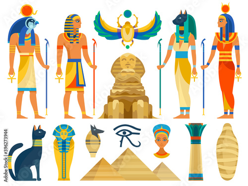 Ancient egypt. Egyptian culture symbols and sign collection. Gods and myth creatures, sacred animals, architecture and idols statues. Archeology monuments and pyramid flat vector set
