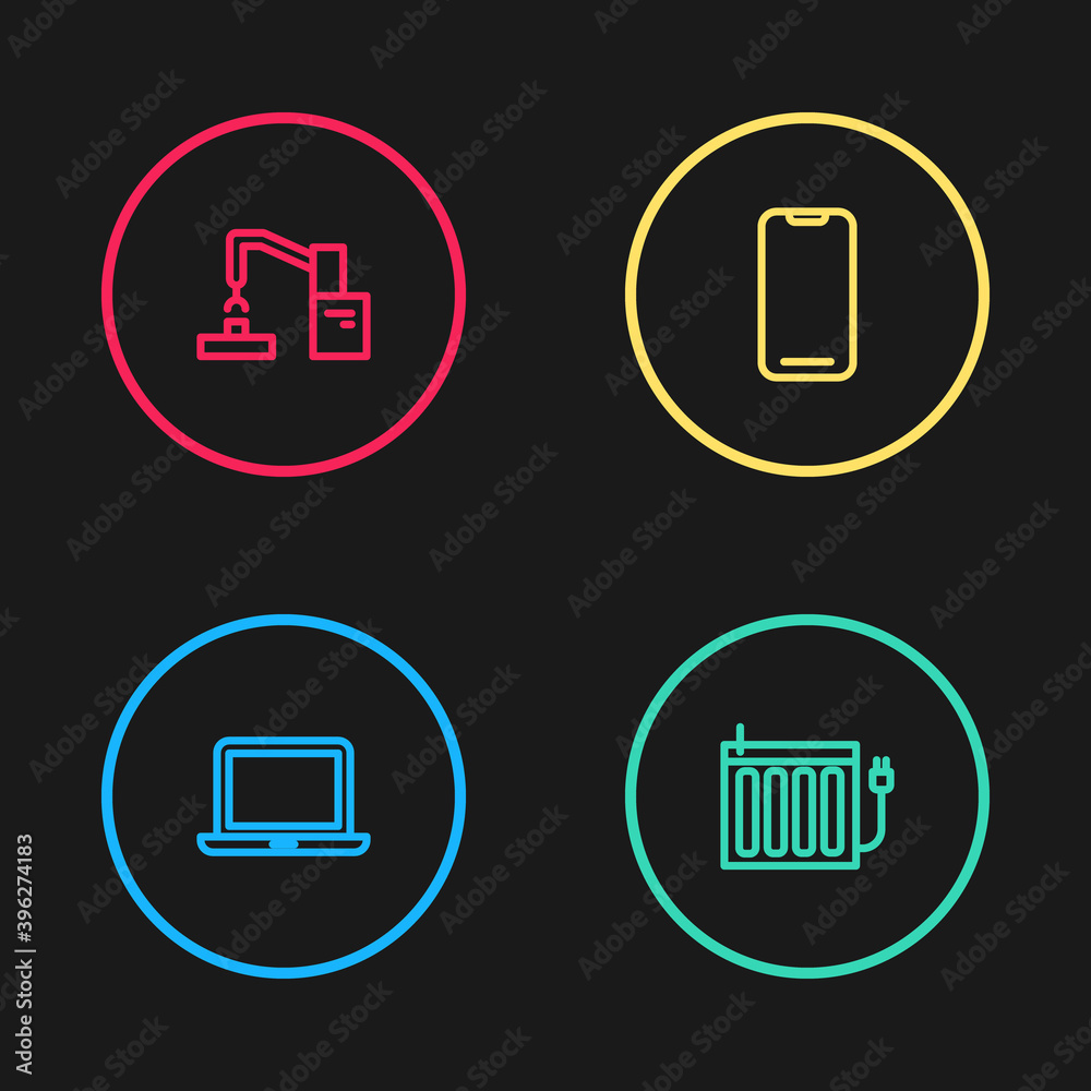 Set line Laptop, Heating radiator, Smartphone and Robotic robot arm hand factory icon. Vector. Set line Laptop, Heating radiator, Smartphone and Robotic robot arm hand factory icon. Vector.