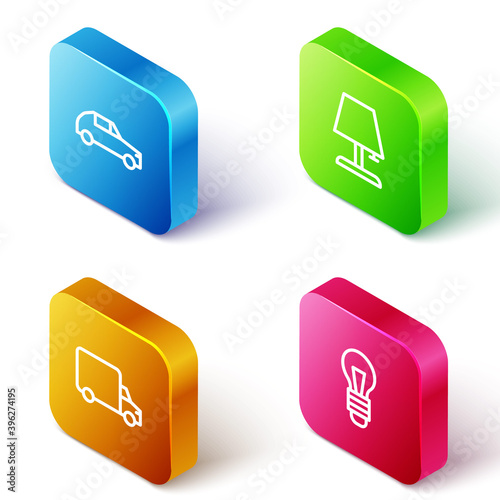 Set Isometric line Car, Table lamp, Delivery cargo truck and Light bulb icon. Vector.