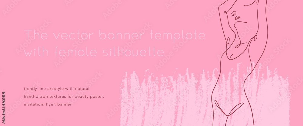 Beauty salon banner in trendy rose hue. Woman figure in line art style. Minimal beautiful female sketch on texture for label design of natural cosmetic, fashion theme. One line woman body silhouette.