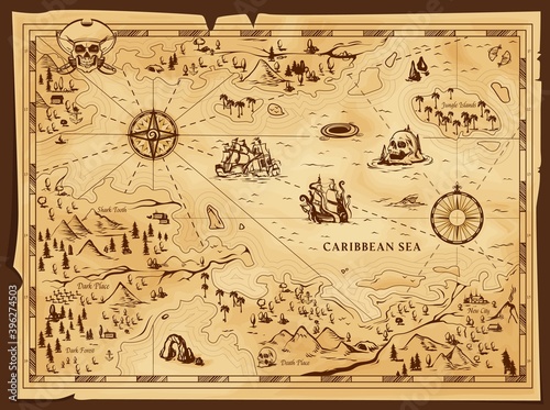 Old pirate map, vector worn parchment with jolly roger in tricorn, caribbean sea, islands and land, wind rose and cardinal points. Vintage grunge paper pirate map, adventure, treasure research game photo
