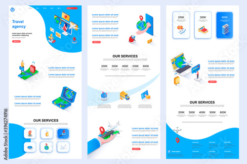 Travel agency isometric landing page. Summertime beach vacation, tour operator corporate website design template. Web banner template with header, middle content, footer. Isometry vector illustration.