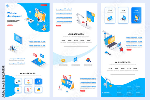 Website development isometric landing page. Full stack engineering, construct corporate website design template. Web banner with header, middle content, footer. Isometry vector illustration.