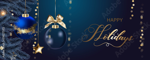 navy blue luxury 3d Happy season greeting and new year vector background with Christmas ball element 
