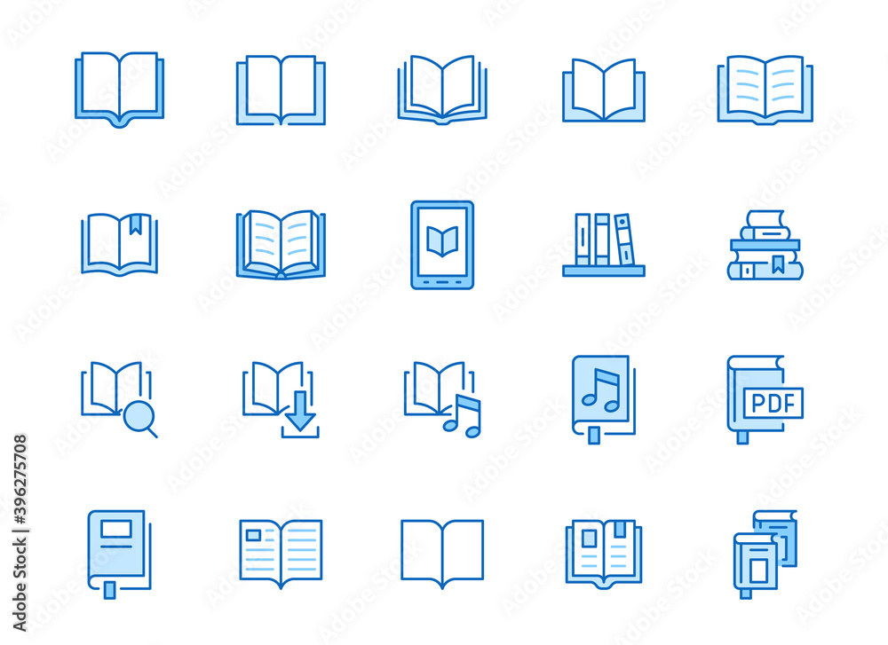 Book line icons set. Open books, dictionary, bible, audio novel, literature education minimal vector illustrations. Simple flat outline sign for web library app. Blue color, Editable Stroke