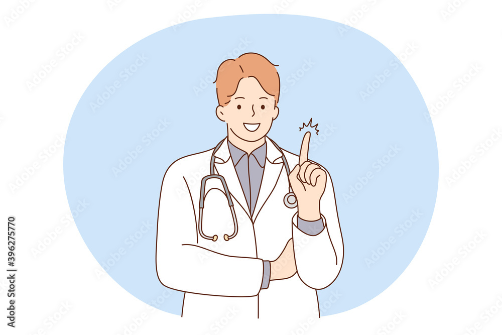 Doctor, medicine, healthcare concept. Young smiling man doctor therapist in white uniform cartoon character standing and showing having idea with finger. Medicare, therapist, pharmacist illustration Doctor, medicine, healthcare concept. Young smiling man doctor therapist in white uniform cartoon character standing and showing having idea with finger. Medicare, therapist, pharmacist illustration