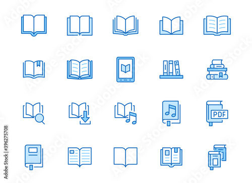 Book line icons set. Open books, dictionary, bible, audio novel, literature education minimal vector illustrations. Simple flat outline sign for web library app. Blue color, Editable Stroke