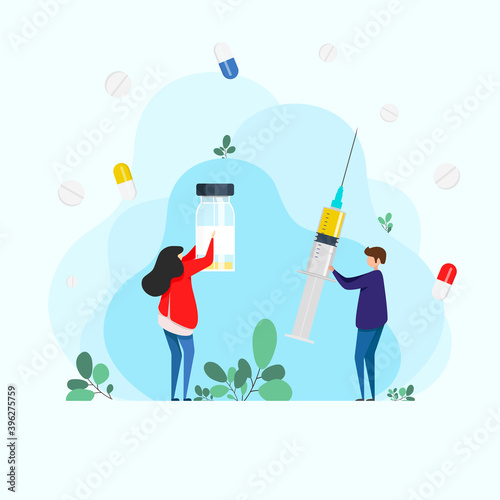 Injections. Woman and man holding an injection syringe. Flu shot vaccination. Injection syringe. Medicine healthcare concept. Medical background