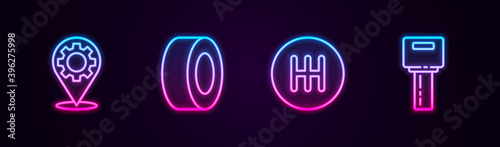 Set line Car service, tire, Gear shifter and key with remote. Glowing neon icon. Vector.