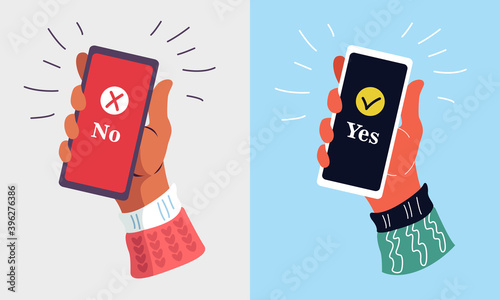 Hand holding a smartphone on isolated background. Notification of acceptance message on mobile phone. 
Vector illustration. Flat cartoon design for web banners, websites, and infographics.
