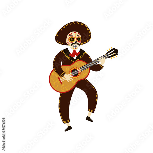Mariachi musician skeleton dancing and playing guitar