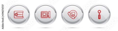 Set line Dentures model, Dental clinic location, Online dental care and inspection mirror. Silver circle button. Vector.
