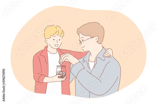 Saving money, piggybank, budget concept. Young positive boys friends cartoon characters putting money into transparent glass jar for saving. Collecting money, business, earnings, income