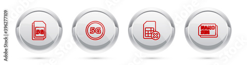 Set line 5G Sim Card, network, card rejected and Nano. Silver circle button. Vector.