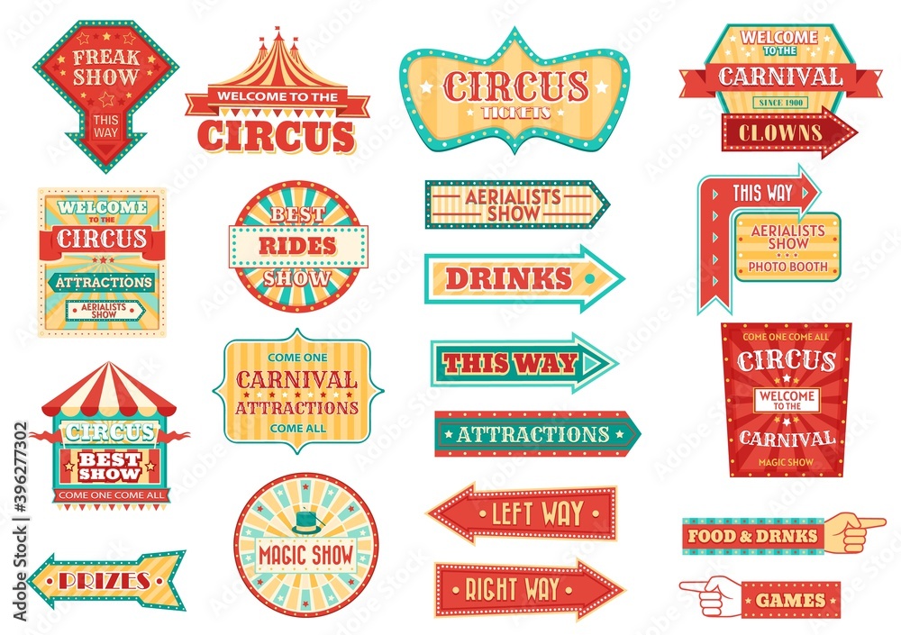 Big top circus show retro signs, glowing arrow pointers. Carnival and fair signage, circus freak show and aerialists performance, magical and clown show, food and drinks illuminating pointers vector