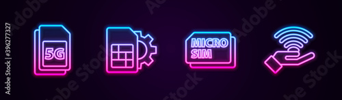 Set line 5G Sim Card, card setting, Micro and network. Glowing neon icon. Vector.
