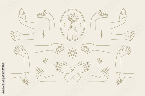 Female hands gestures collection of line art hand drawn style vector illustrations.