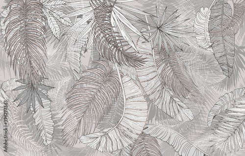 Fototapeta samoprzylepna Mural, wallpaper. Palm leaves, graphics. Beige tone.