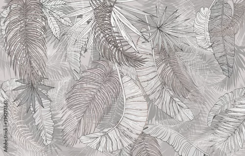 Obraz Mural, wallpaper. Palm leaves, graphics. Beige tone.