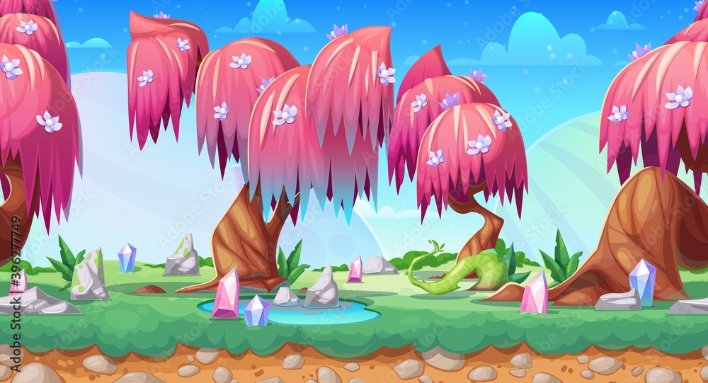 Fantasy game landscape, vector seamless background with cartoon fairy  forest. Game ui animation of alien world jungle trees, ground and grass,  treasure crystals and magic stones, pink leaves, flowers Stock Vector |