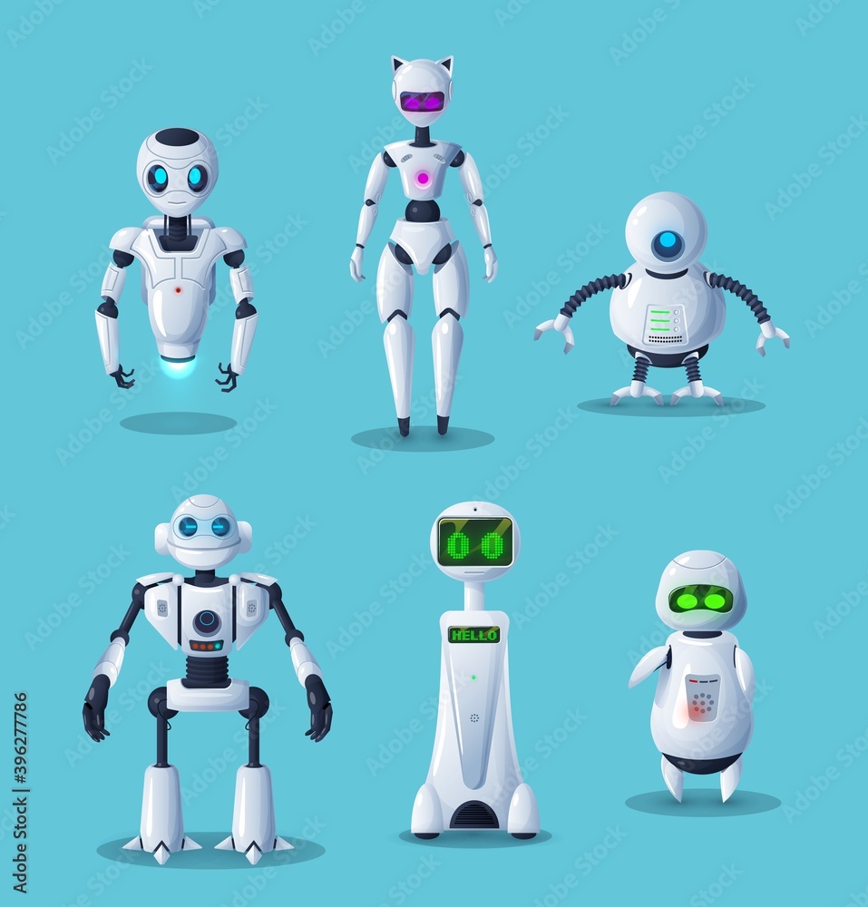 Fototapeta premium Modern robot cartoon characters with vector ai machines or artificial intelligence toys. Future technology white robots, cyborgs, androids or humanoid droids with buttons, dialogue screen, eye lights