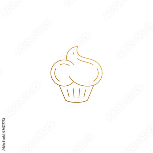Outline logo of golden cupcake hand drawn with thin lines