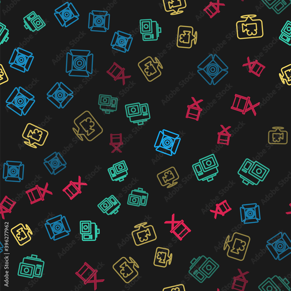 Set line Movie spotlight, Action extreme camera, Camera and location and Director movie chair on seamless pattern. Vector. Set line Movie spotlight, Action extreme camera, Camera and location and Director movie chair on seamless pattern. Vector.