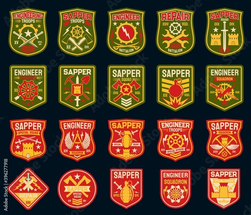 Sapper or combat engineer vector military patches and army badges. Military engineering isolated icons with castle, wings, shovel and axe, hand grenade, sword and arrow, rank, star and cogwheel